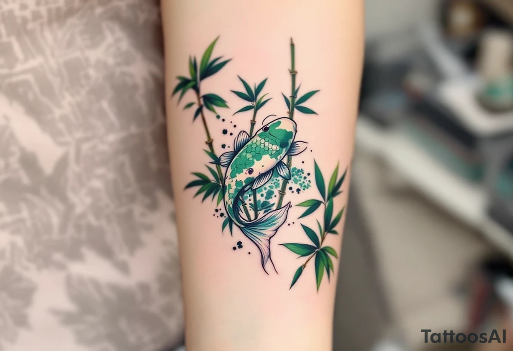 Green Koi with Bamboo Leaves – A rare green koi fish swimming past bamboo stalks and floating leaves, symbolizing resilience and flexibility. tattoo idea