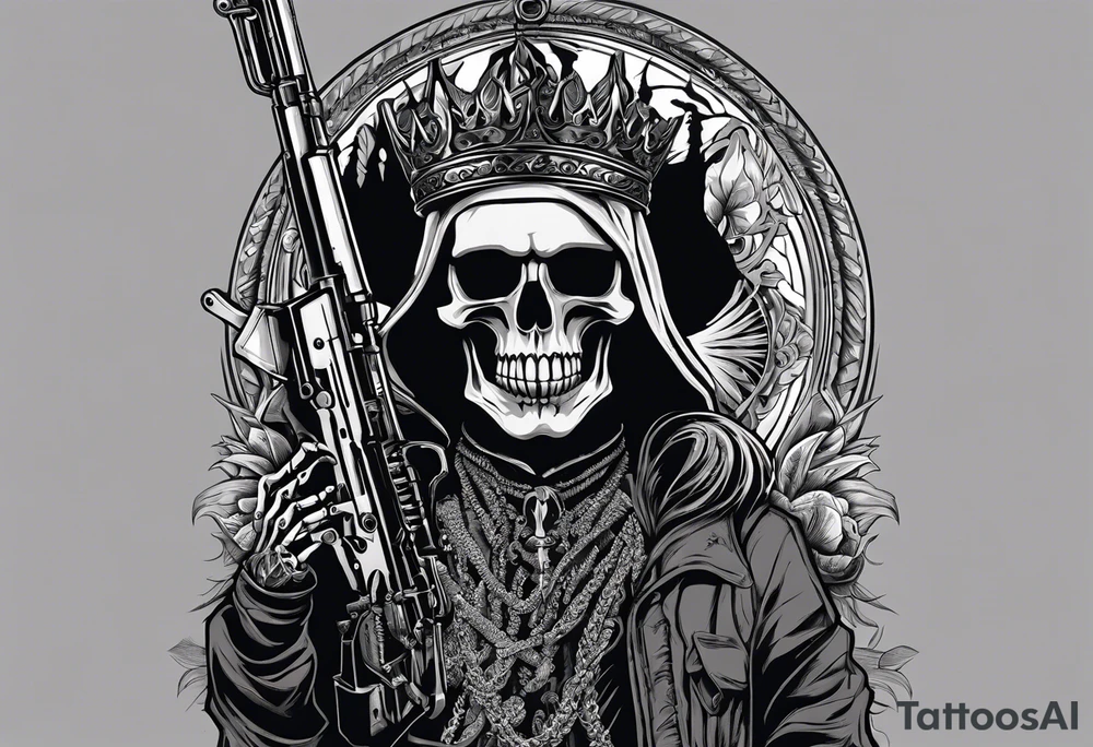 image of a skeleton standing frontally with a crown on his head, holding an AK-47 on his shoulder with his right hand. The chain on the left should be taut, there are three angry barking Dobermans in it, near the waist tattoo idea