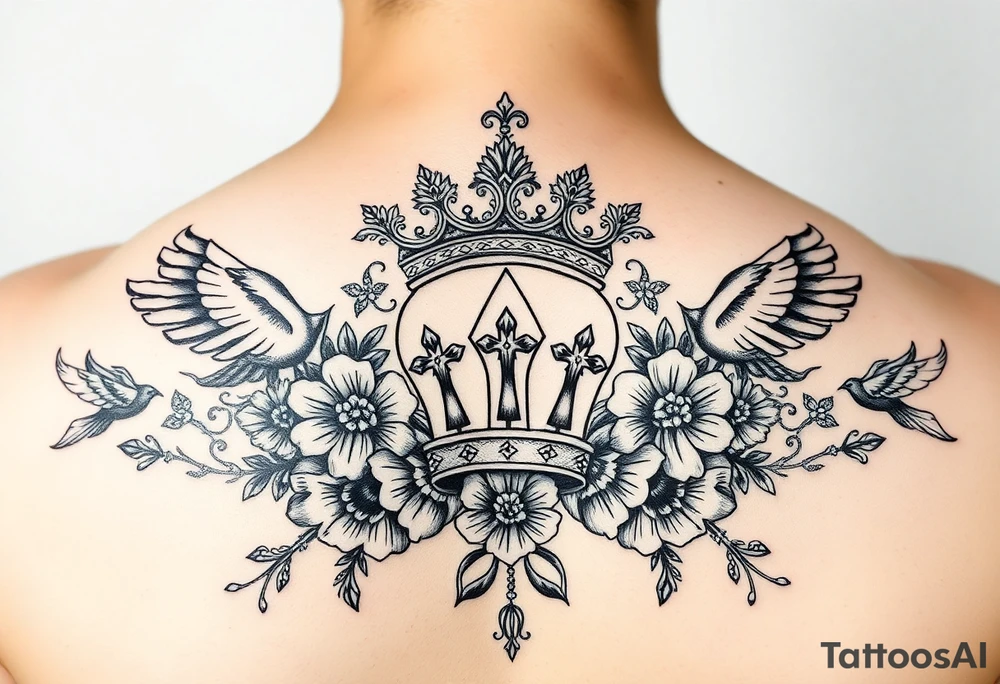 powerful majestic with a crown, surrounded by floral ornaments and birds tattoo idea