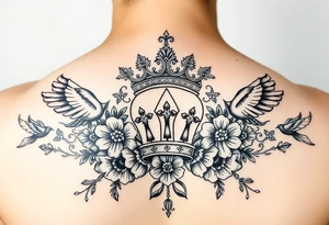 powerful majestic with a crown, surrounded by floral ornaments and birds tattoo idea