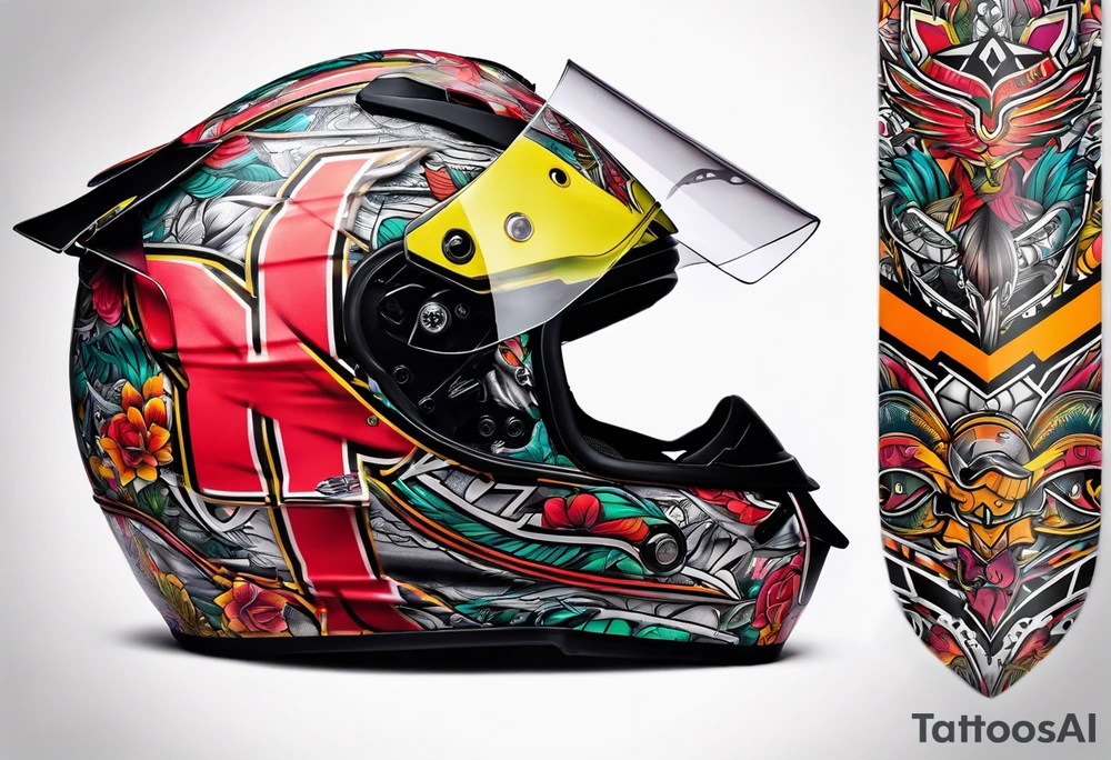 Formula 1 helment with miami colors tattoo idea
