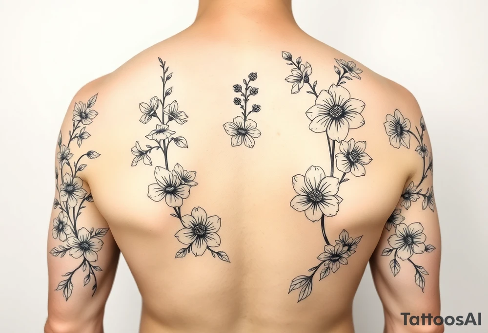 Full sleeve tattoo design of larkspur and hawthorn flowers, highly detailed line art, black ink, elegant botanical style, intertwined composition, no shading, no human mock-up, clean stencil style suitable for tattooing, fit fully within boundaries. LINE ART ONLY, REMOVE HUMAN, NO SKIN tattoo idea