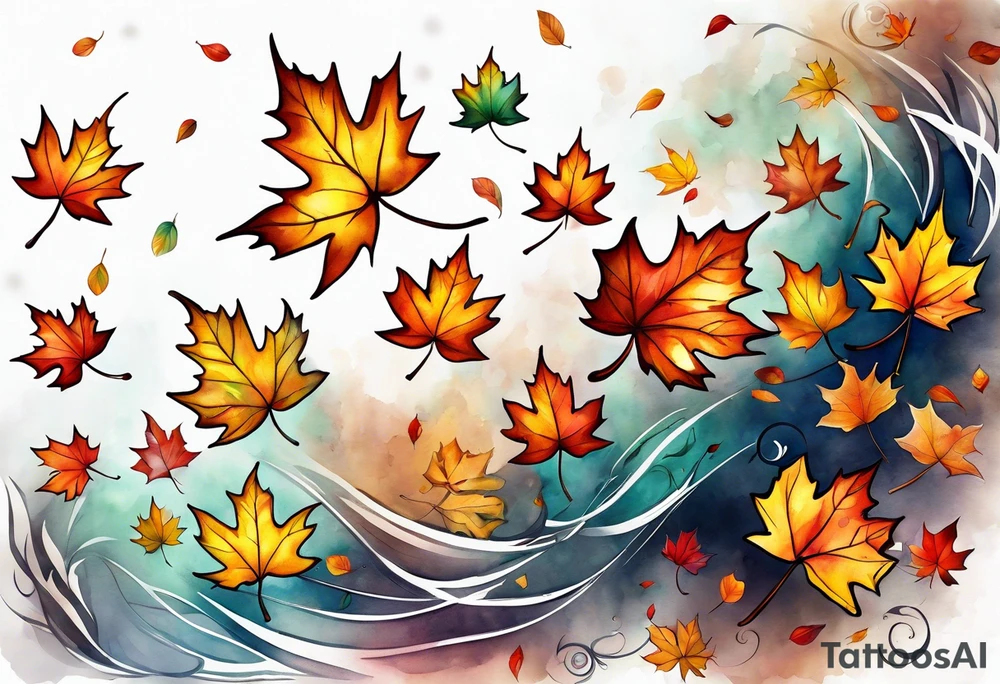 Autumn leaves falling and blowing in wind tattoo idea