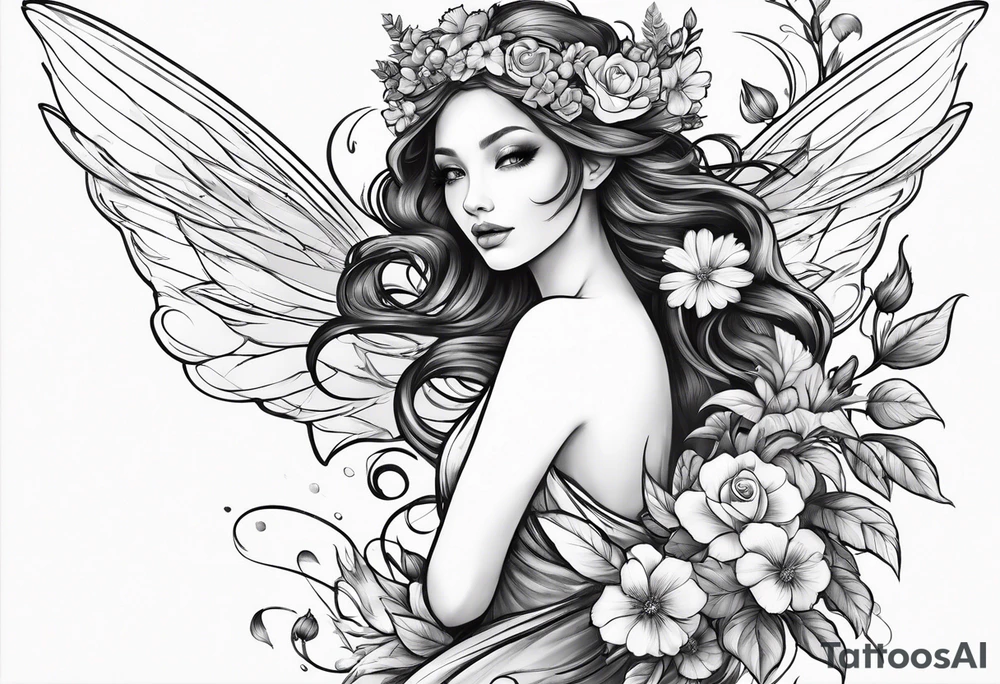 Flying Fairy with flowers tattoo idea