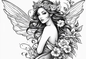 Flying Fairy with flowers tattoo idea