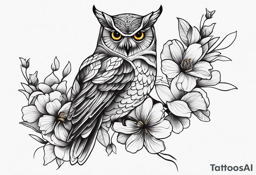 Owl, hummingbird, flowers tattoo idea