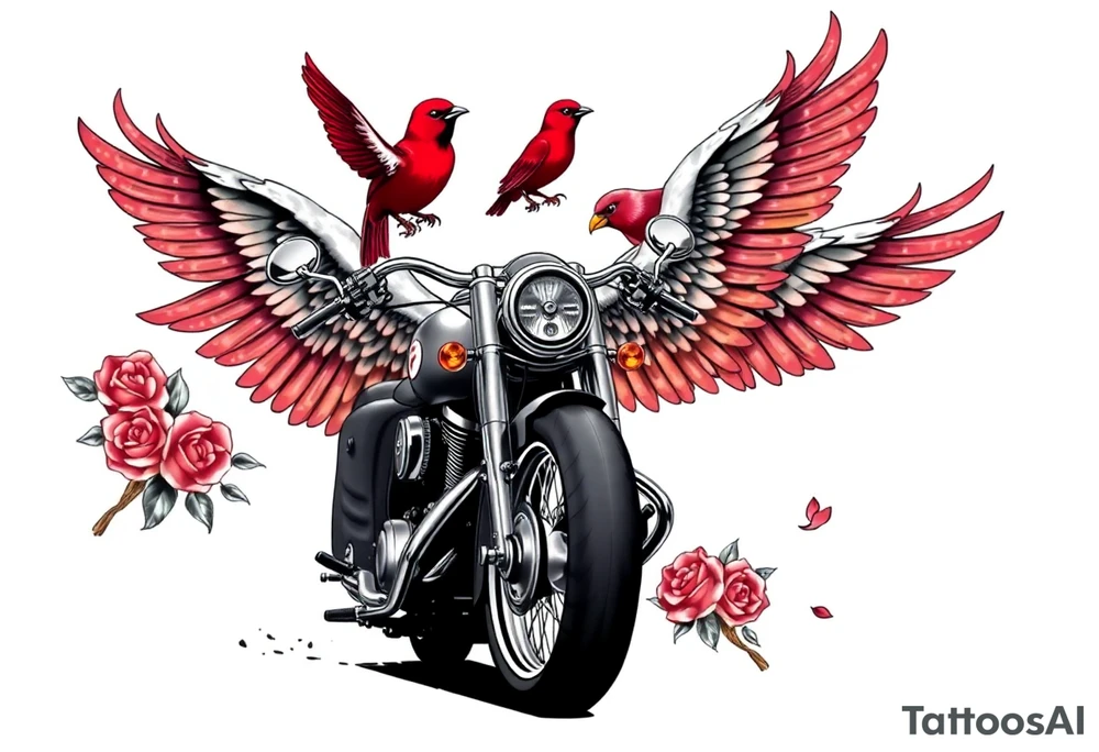 Harley grey motorcycle driving away, two red birds flying, roses, flames, angel wings tattoo idea