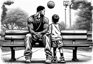 man standing handing a basketball to kid on a bench tattoo idea