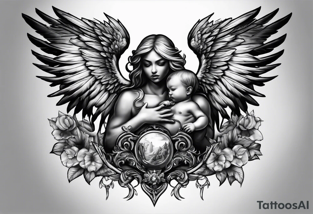 Good vs evil chest piece - realism with baby angels tattoo idea