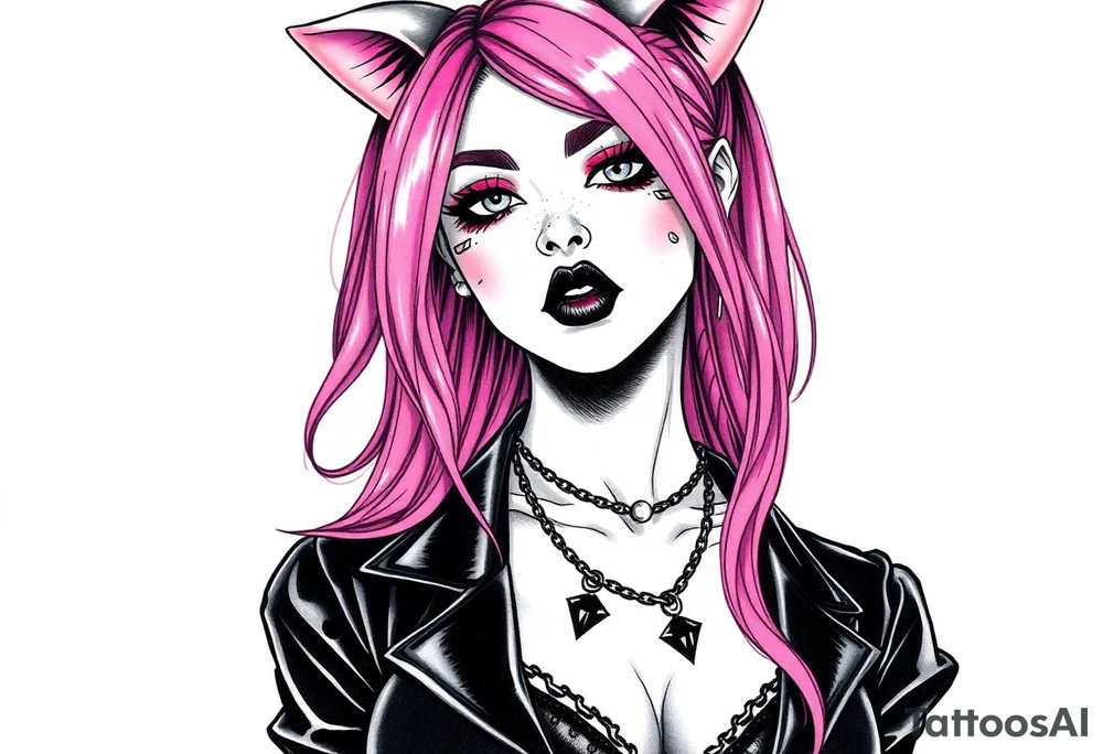 hot goth girl with puppy ears and with piercings on face and big boobs and big butt full body 
 with black outfit on with pink hair tattoo idea