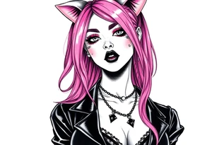 hot goth girl with puppy ears and with piercings on face and big boobs and big butt full body 
 with black outfit on with pink hair tattoo idea