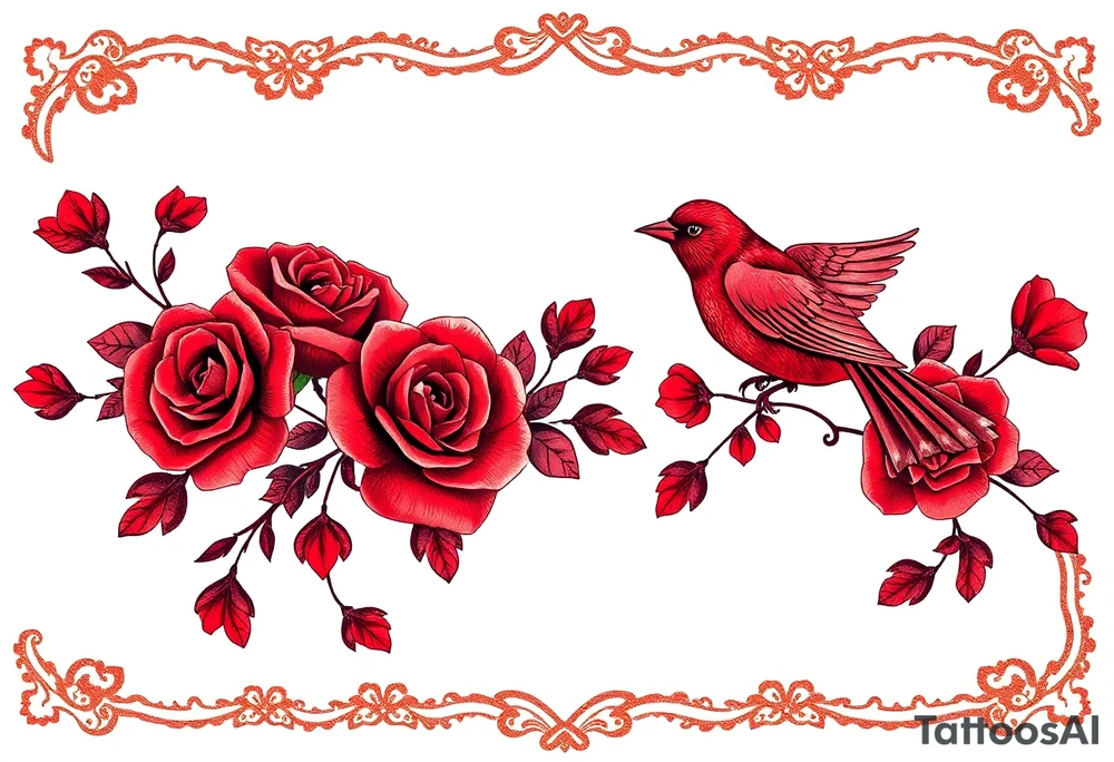 Vintage lace, red roses, red birds, vintage, wrap around, tighter together, no space open tattoo idea