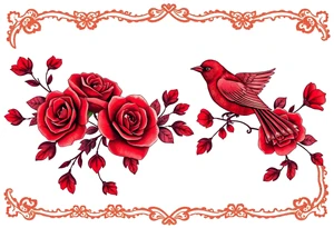 Vintage lace, red roses, red birds, vintage, wrap around, tighter together, no space open tattoo idea