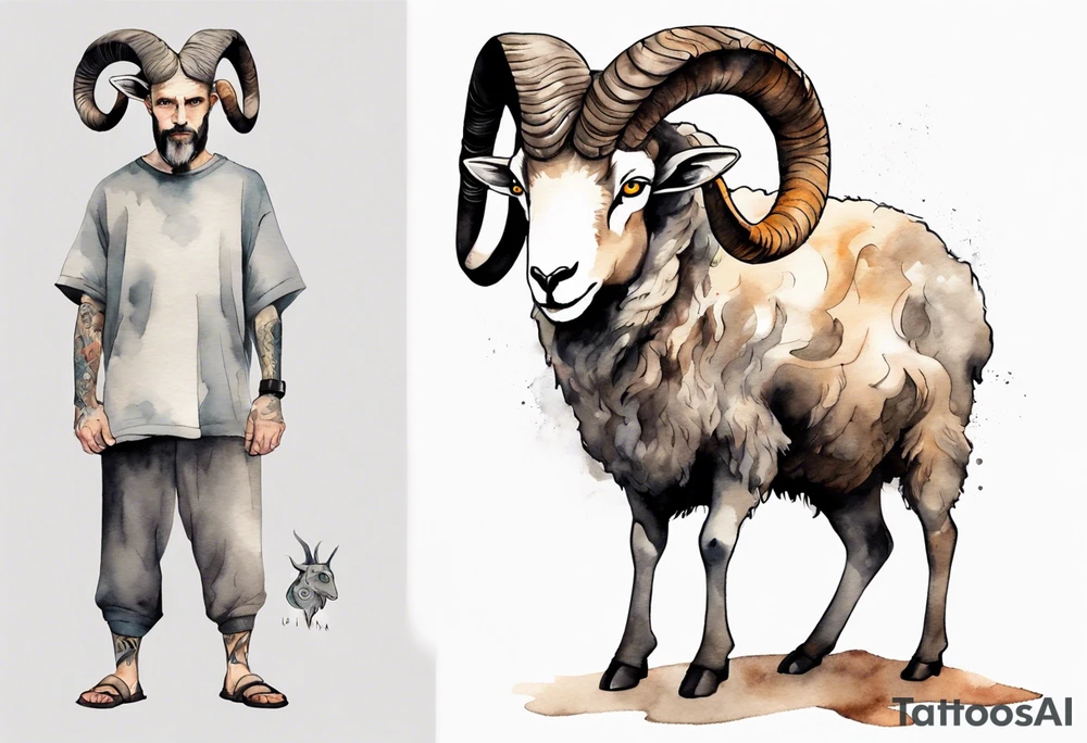 a solitary broad-shouldered man with the head of a big-horned sheep, wearing a grey tunic standing before a cave with cloven feet tattoo idea