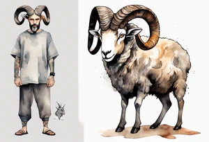 a solitary broad-shouldered man with the head of a big-horned sheep, wearing a grey tunic standing before a cave with cloven feet tattoo idea