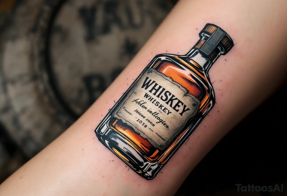Vintage Whiskey Bottle – A detailed glass whiskey bottle with an aged, torn label. Warm amber liquid inside, with highlights and shadows to show transparency. Surrounded by barrel wood texture in the background. tattoo idea
