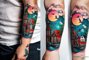 arm tattoo of stags and birds in Amsterdam canal featuring Amsterdam houses in space tattoo idea