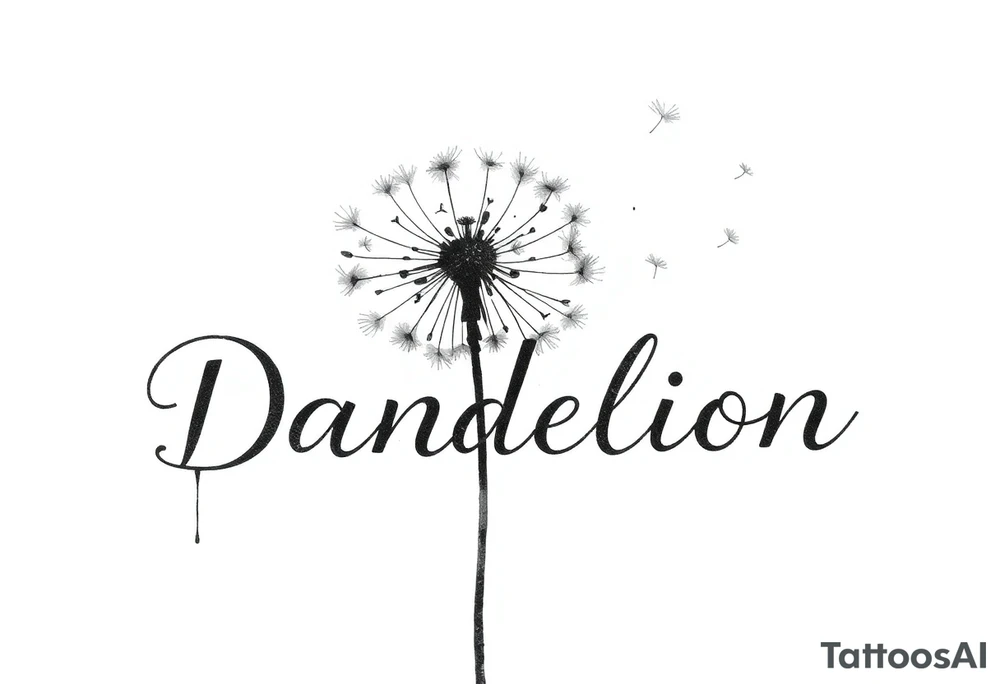 Dandelion
This image showcases a black-and-white watercolor-style illustration of a dandelion. The dandelion is depicted in fine detail, with its delicate seeds dispersing into the air. The artistic approach includes an ink-wash effect, where the stems appear to be dripping down like wet ink or paint, creating a dreamy and fluid aesthetic.

The background is minimalistic, with soft splatters and shading, adding to the abstract and ethereal feel. The contrast between the dark ink and the white background gives the image a striking, modern, and artistic look. It conveys themes of freedom, change, and the fleeting nature of time. Let me know if you need any modifications or a custom version of this design! tattoo idea