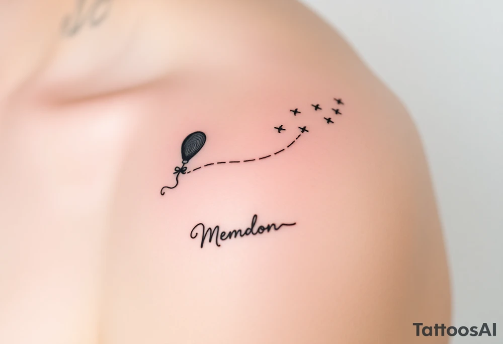 Memorial tattoo a fingerprint becomes a balloon or kite, tethered with a thin string to the signature below. Small planes rise from it, flying toward the top right.

Signature: Styled as if it’s holding the string tattoo idea