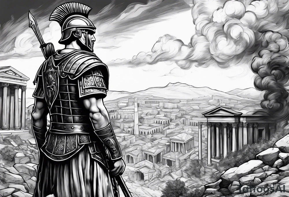 Roman soldier looking left at burning ruins tattoo idea