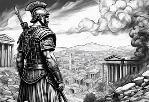 Roman soldier looking left at burning ruins tattoo idea