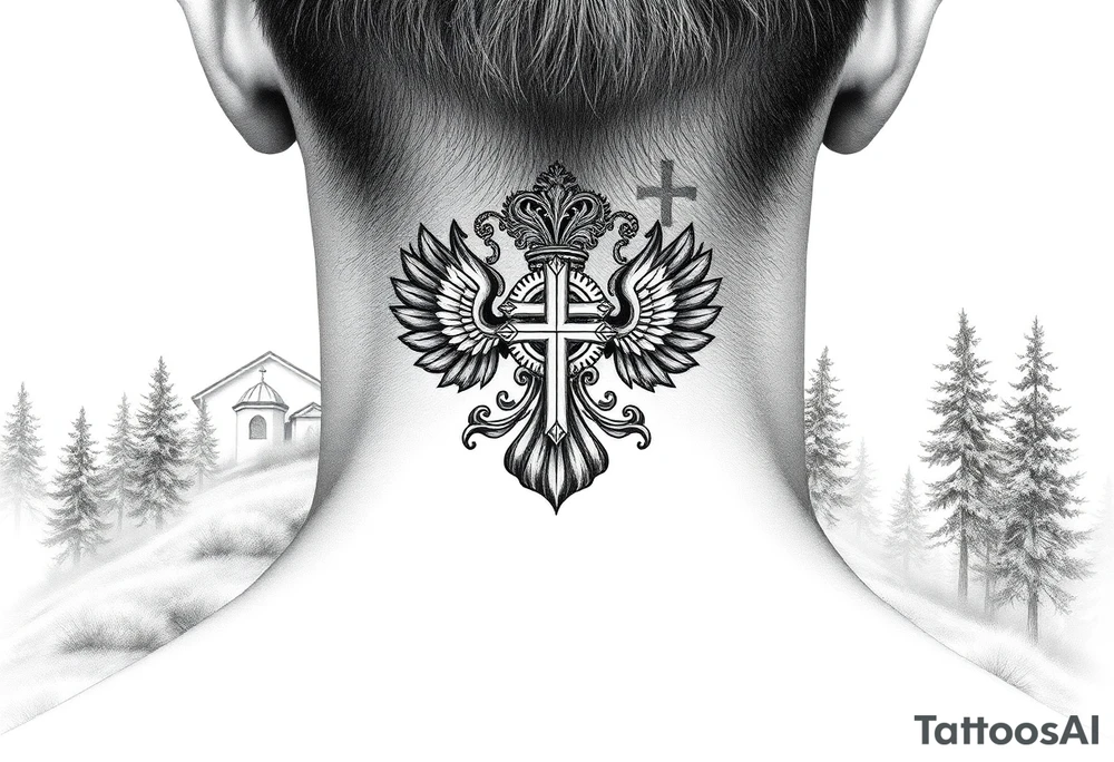 russian coat arms in a russian christian orthodox cross with the cross in the middle with a virgin mary & orthodox dome church on the side of the neck in a wilderness setting tattoo idea