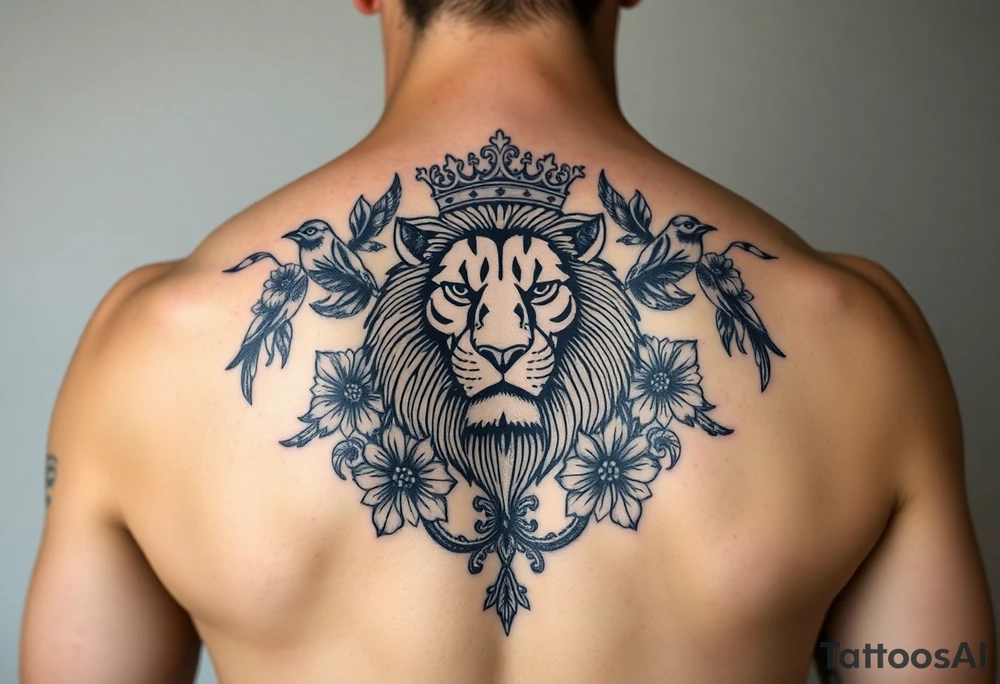 powerful majestic lion with a crown, surrounded by floral ornaments and birds tattoo idea