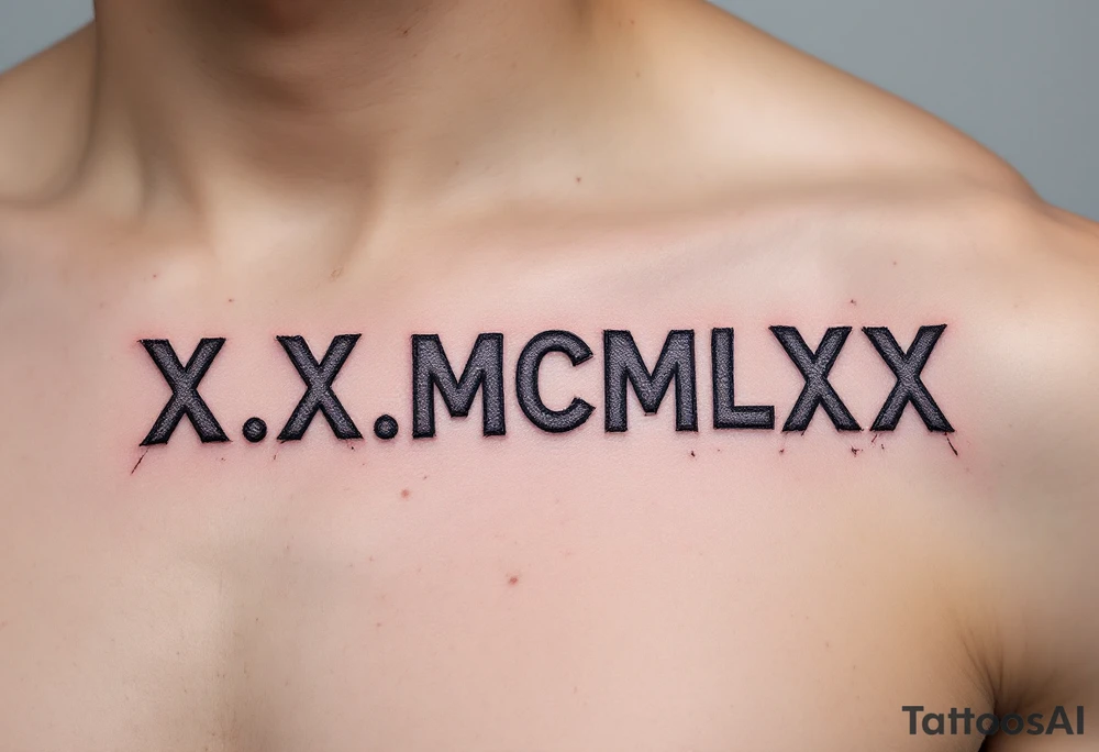 Large X.X.MCMLXX across the ribs in distressed gray ink, designed to look like it’s carved into stone. tattoo idea