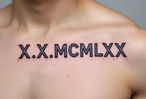 Large X.X.MCMLXX across the ribs in distressed gray ink, designed to look like it’s carved into stone. tattoo idea