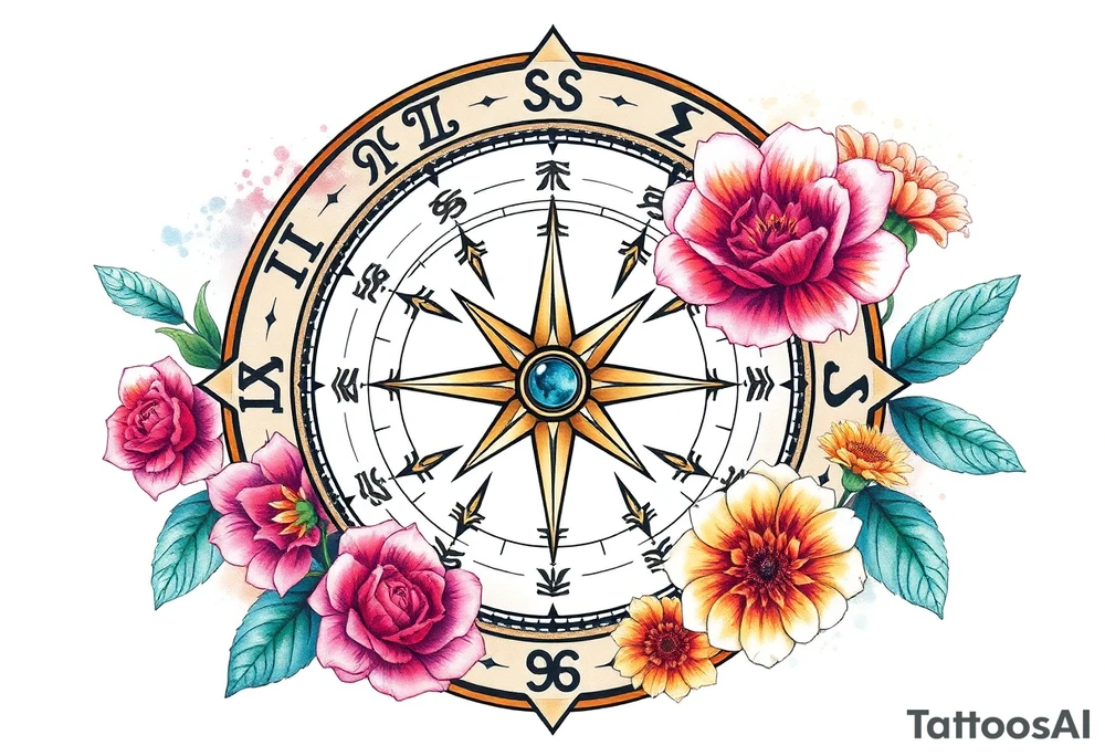 zodiac symbols the elements and Norse runes within ornate compass with roses lilly sunflowers tattoo idea