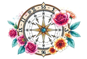 zodiac symbols the elements and Norse runes within ornate compass with roses lilly sunflowers tattoo idea