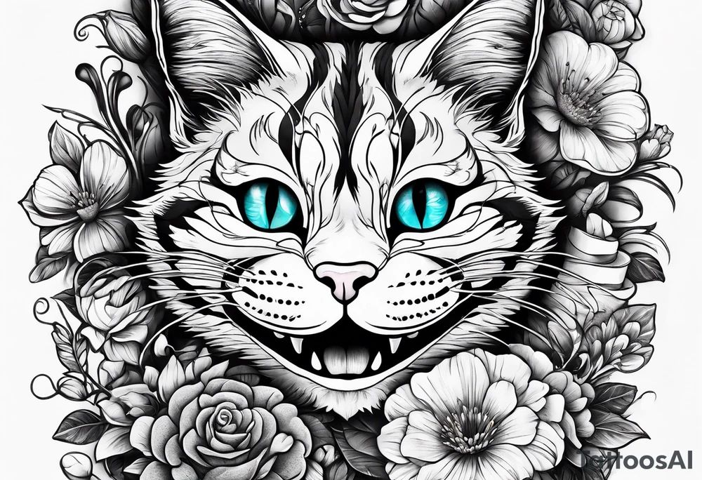 cheshire cat in wonderland among flowers made of candy and glass butterflies tattoo idea