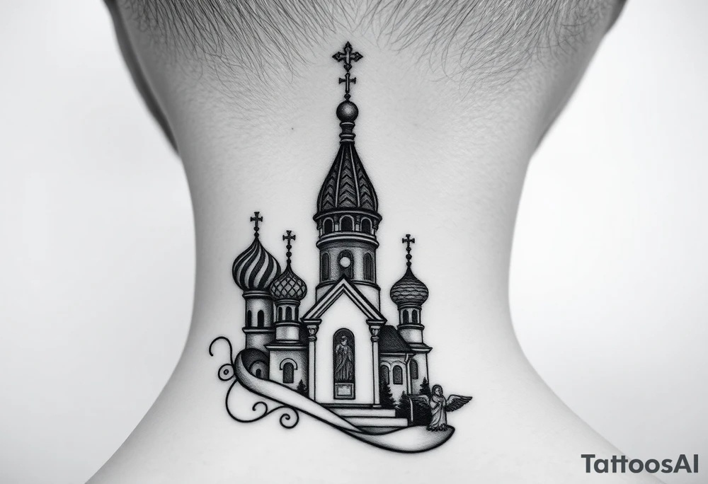 Flowing Scene

A onion domes orthodox church
Virgin Mary in prayer pose wrapping around the lower neck curve
A small double headed russian coat of arms eagle or just the star tucked above the dome near the hairline tattoo idea