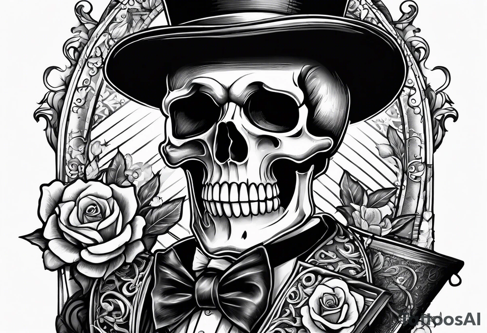 skeleton wearing a top hat holding a bible tattoo idea