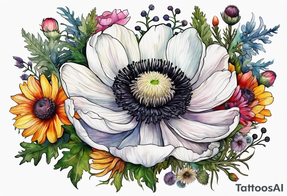 one white anemone with black center in the middle of mixed colorful wildflowers all with different shapes including thistles, ferns, ranuculus, and sun flowers all in watercolor tattoo idea
