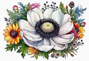 one white anemone with black center in the middle of mixed colorful wildflowers all with different shapes including thistles, ferns, ranuculus, and sun flowers all in watercolor tattoo idea