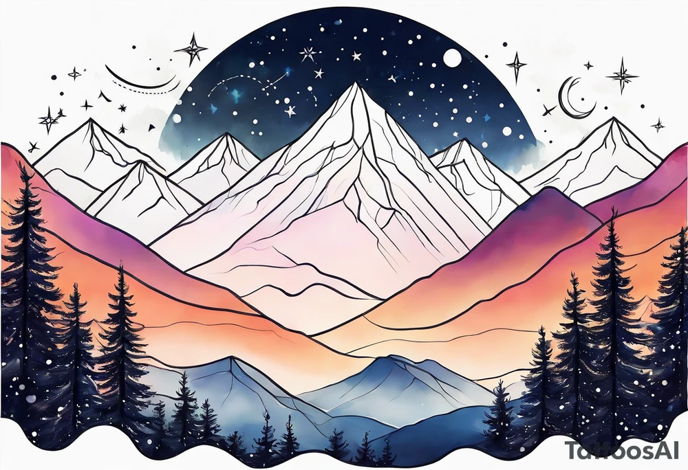 Simple constellation lines over mountain range tattoo idea