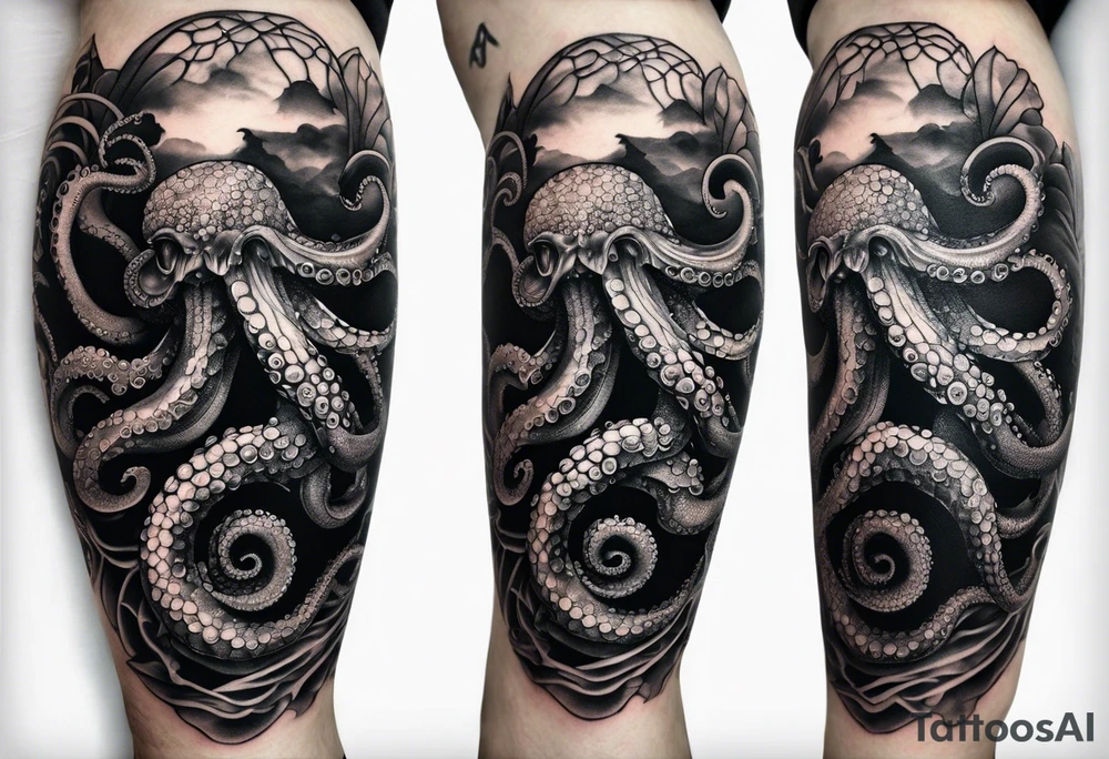 Octopus around lower leg tattoo idea