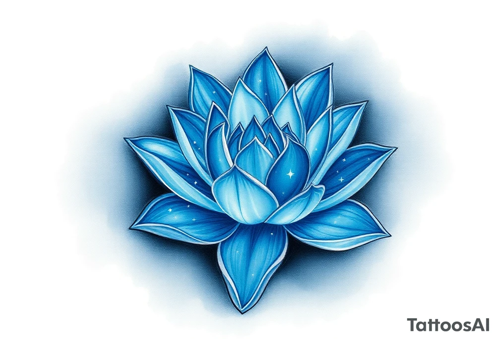 A deep blue water lily, with soft silver outlines and subtle star-like sparkles, floating gently on dark water, symbolizing dreams and the mystical journey of love tattoo idea