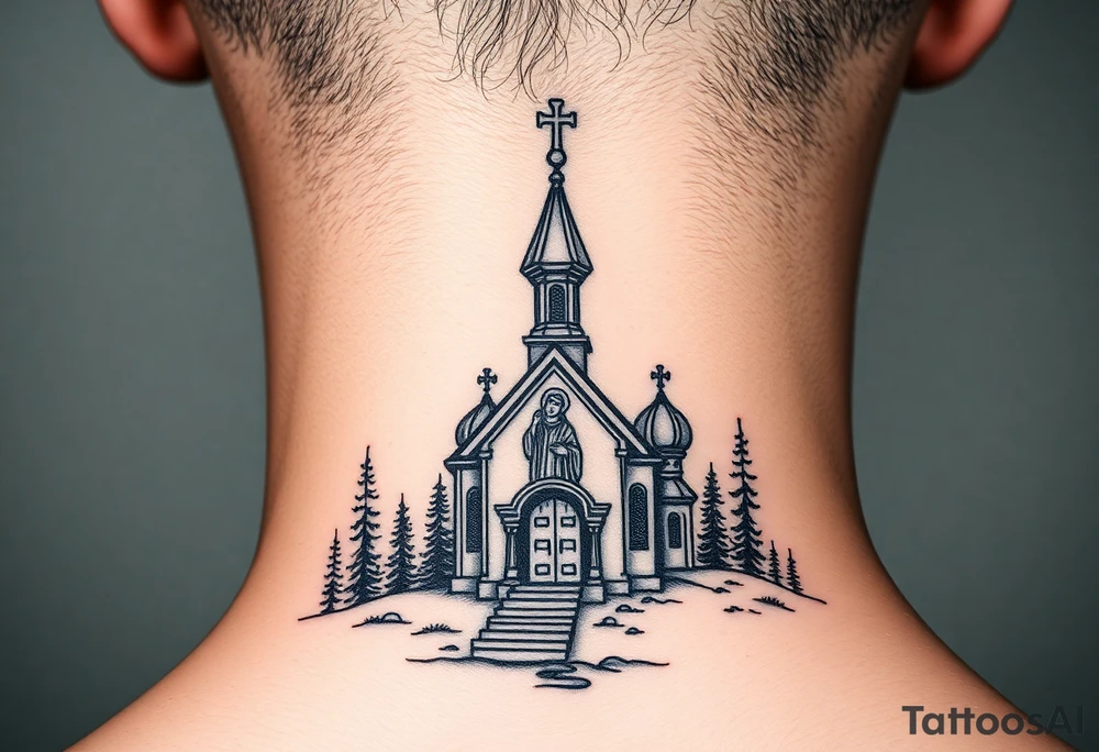 Traditional russian orthodox church in a wilderness setting with a prominent orthodox style virgin mary tattoo idea
