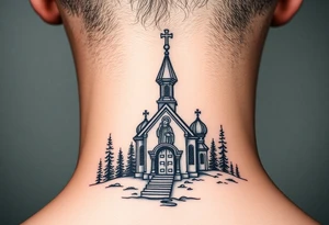 Traditional russian orthodox church in a wilderness setting with a prominent orthodox style virgin mary tattoo idea