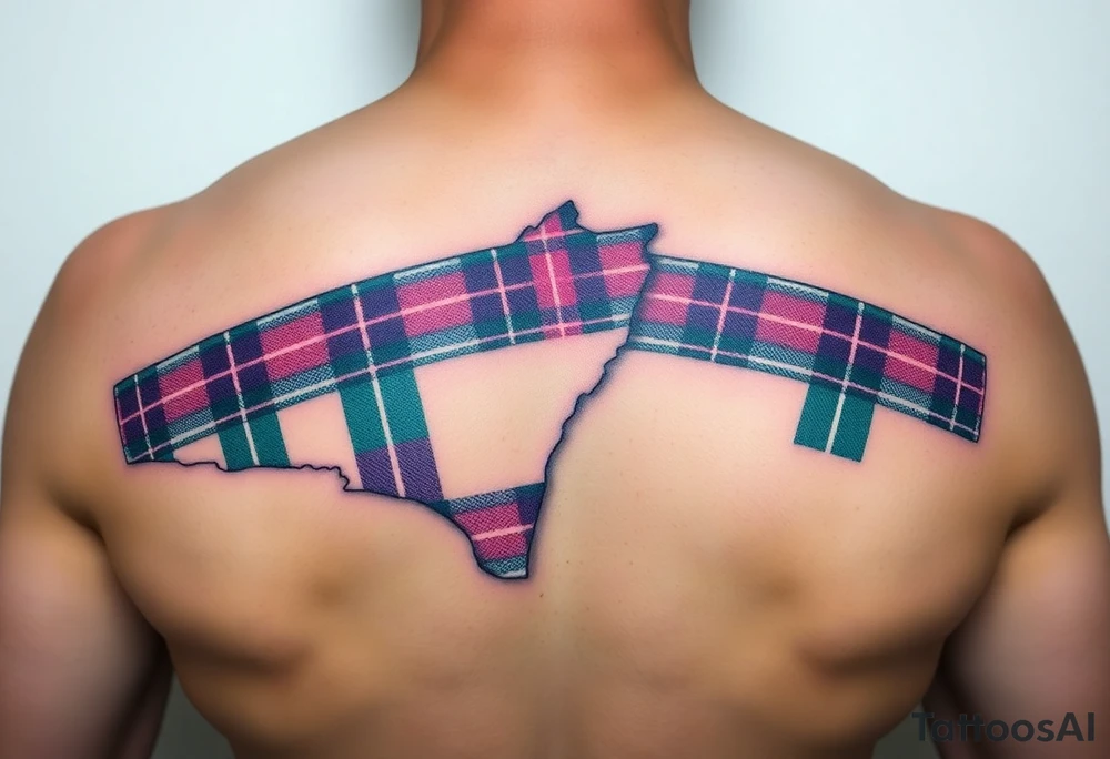 Side of arm Dark Purple with green pink blue and white highlights tartan fabric with flesh peeling away at edges tattoo idea
