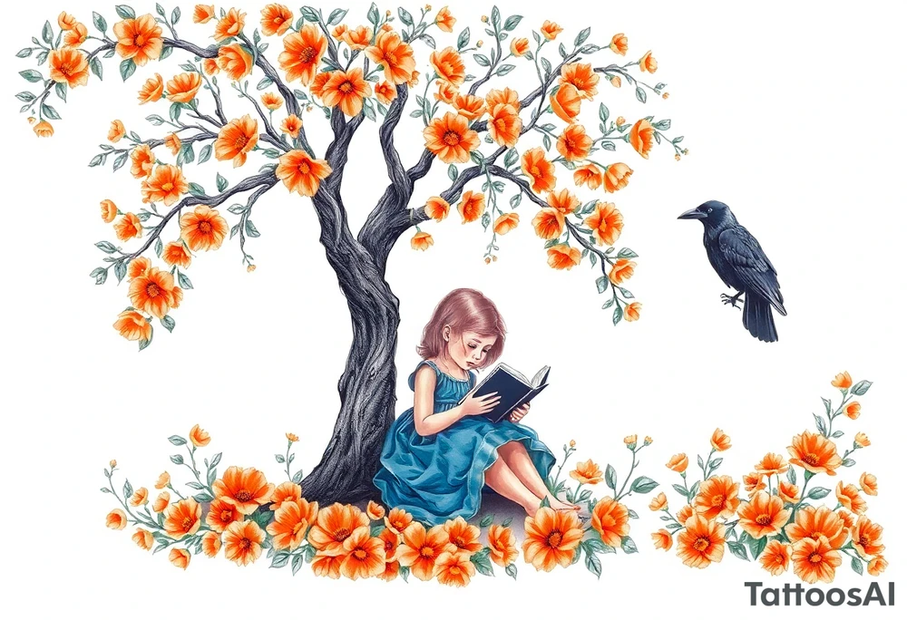 An orange tree full of flowers, a little girl wearing a blue dress sitting under it while reading. A raven watching her.


. tattoo idea