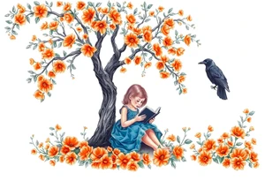 An orange tree full of flowers, a little girl wearing a blue dress sitting under it while reading. A raven watching her.


. tattoo idea