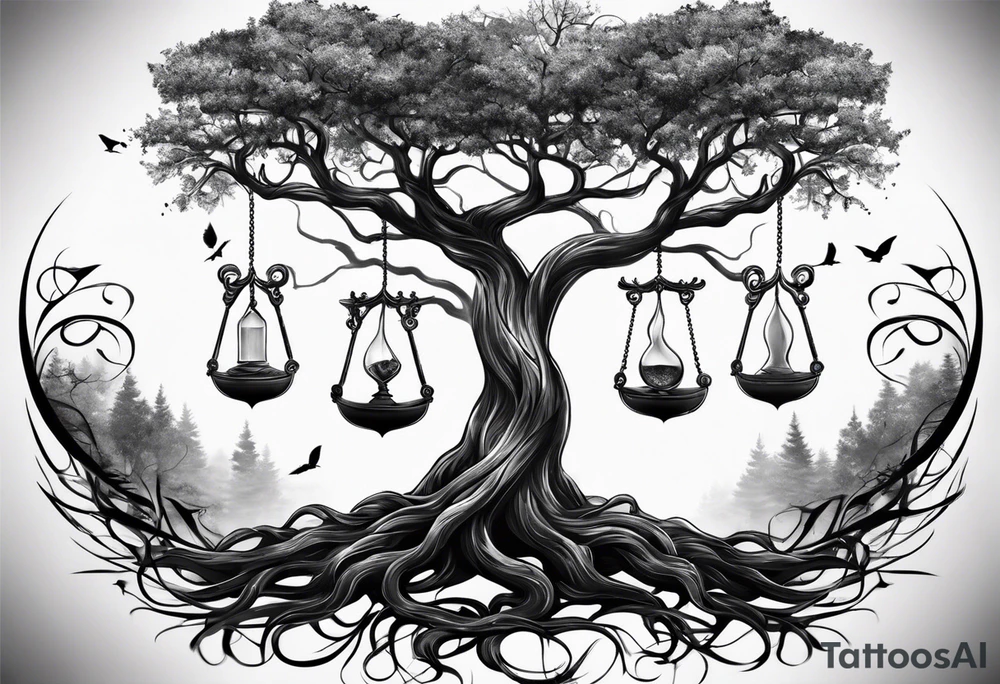 tattoo of a tree with the roots wrapping around a hour glass tattoo idea