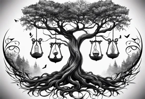 tattoo of a tree with the roots wrapping around a hour glass tattoo idea
