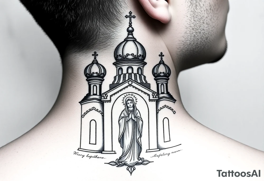 medium sized Russian orthodox church with bulb domes with a prominent russian orthodox style virgin mary stood tattoo idea