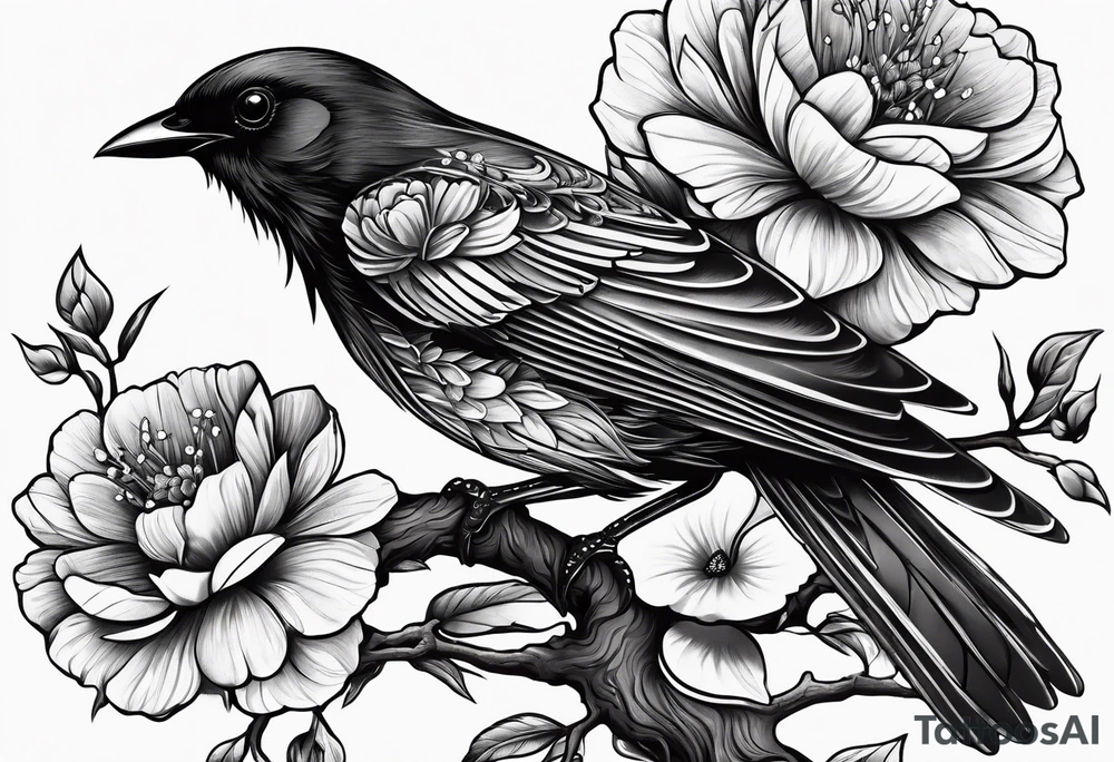 Black bird about to fly on a branch with flowers tattoo idea