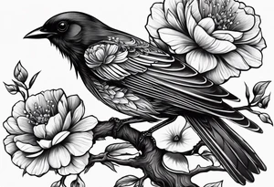 Black bird about to fly on a branch with flowers tattoo idea