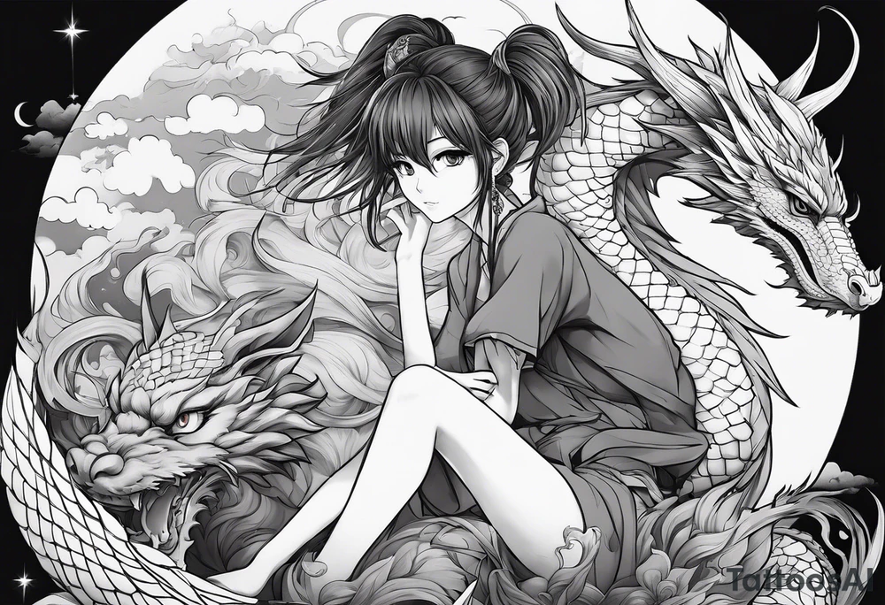 a full shot of an anime girl seen from far, sitting on a ball and surrounded by asian dragon with wings tattoo idea